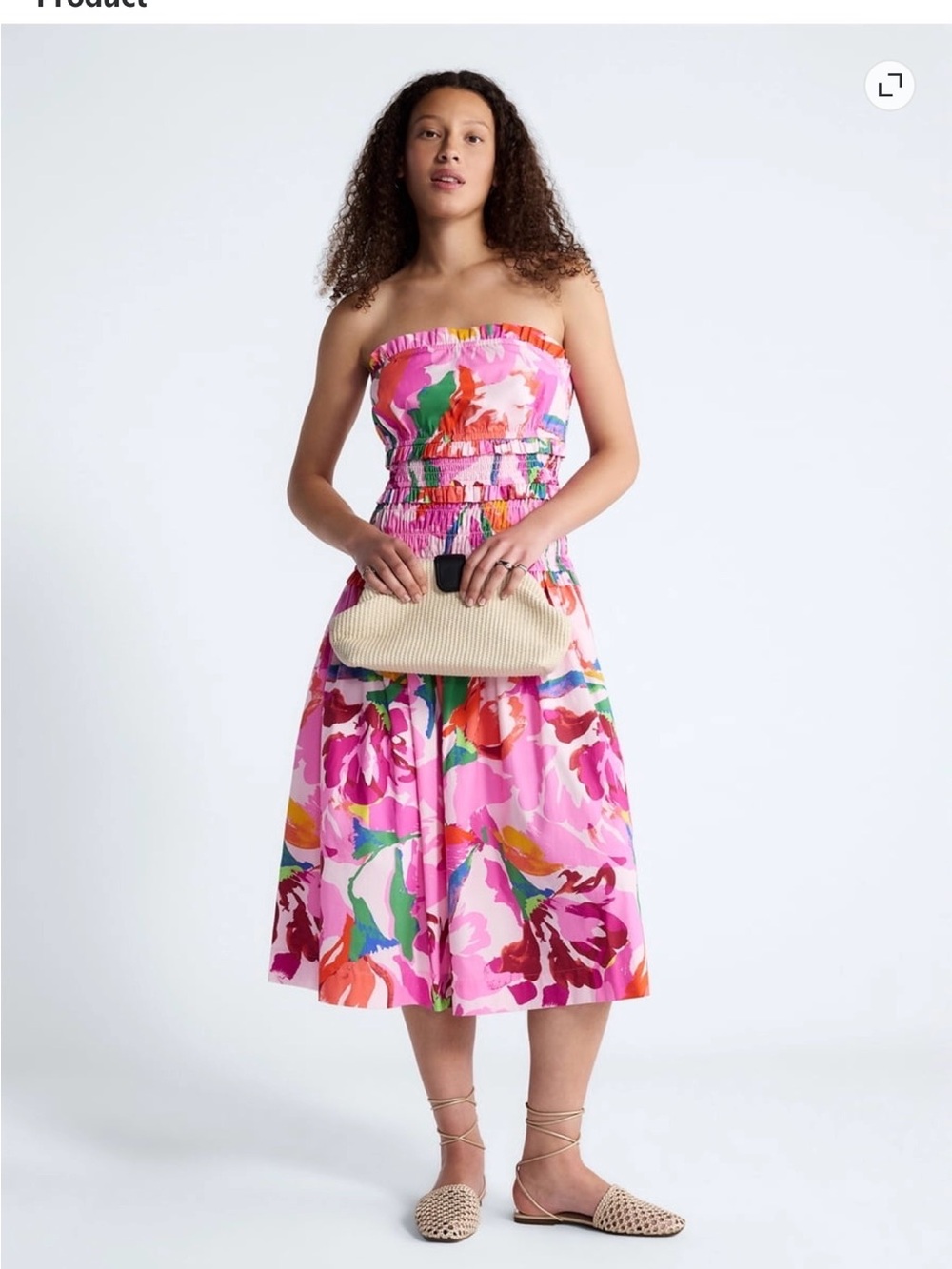 Strapless Pink Floral Midi Dress with Smocked Bodice